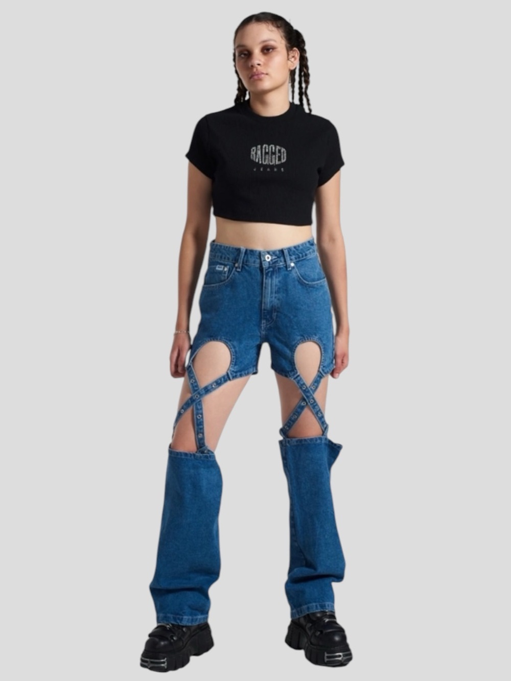 THE RAGGED PRIEST Higher Dad Buckle Suspender Jeans